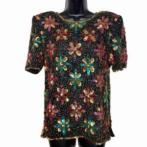 VTG 80s 90s NIGHT VOGUE EVENING SEQUIN BEADED FLOWER BLOUSE TOP FORMAL PARTY S